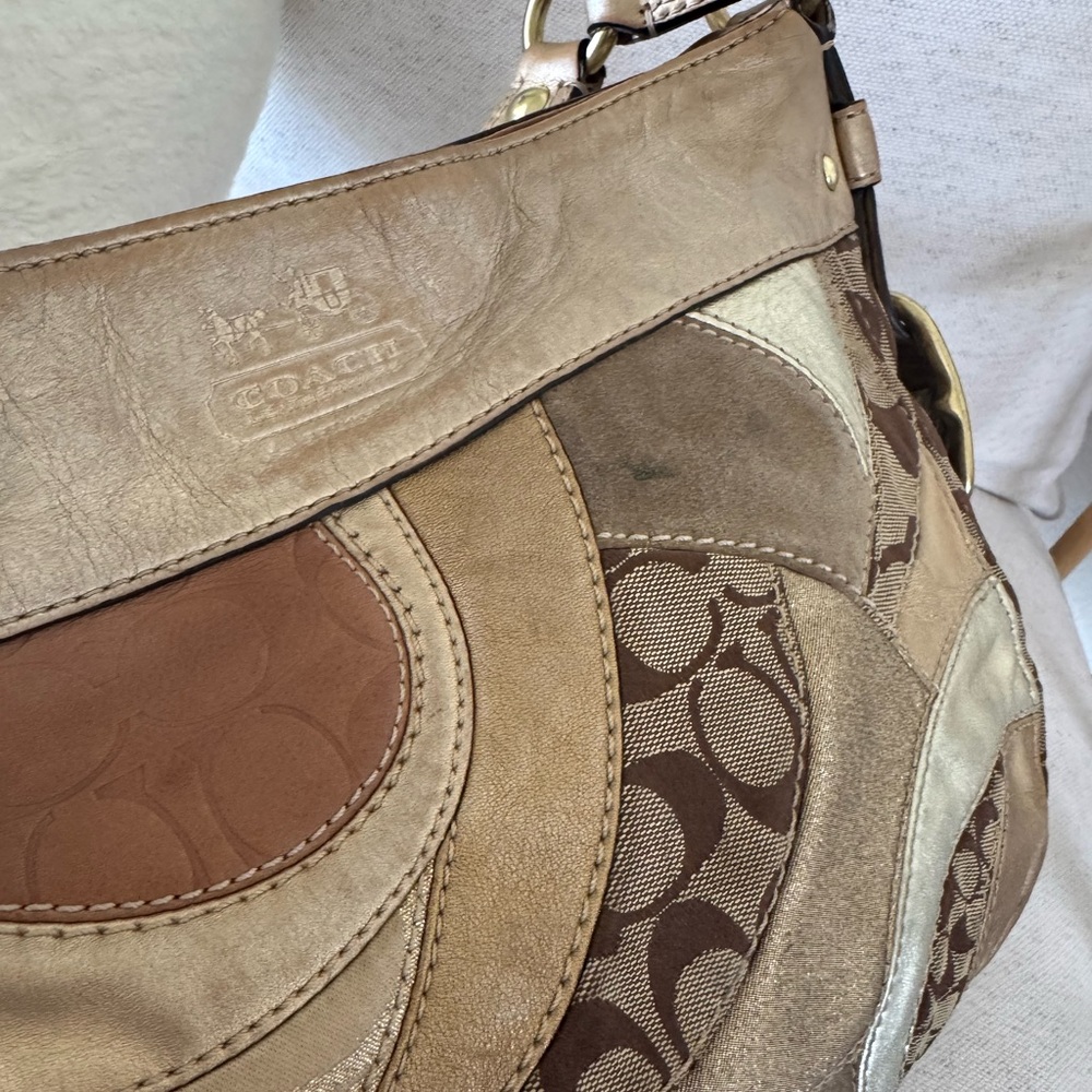 Coach Zoe Vintage Signature Jacquard Patchwork Gold Brown Shoulder Y2K Bag 12662 - Picture 10 of 17